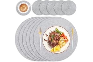 wiipara Round Woven Placemats Set of 6 Heat Resistant Round Braided Table Mats, 34 cm Washable Table Placemats and Coaster Sets for Dining/Kitchen Table, Party, Wedding (Grey)