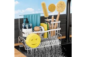 Adurei Diskbänksförvaring för Kök 304 Rostfritt Stål Rack Med Högt Borstfäste Smiley Ansikte Svamphake Handduksfäste Och Divider Småsaksorganisator För Köksbänk