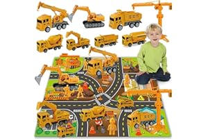 Jiakora Construction Vehicle Toy Truck w/Play Mat Road Signs, Dump Trucks, Excavator, Cement Mixer Trucks, Crane, Engineering Vehicles Toys Set for 3 4 5 6 Years Old Toddlers Kids Boys & Girls