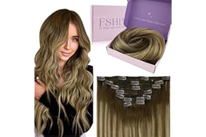 Fshine Extensiones de Clip in 16 Pulgadas Pelo Natural Humano Color Balayage Marrón Con Rubio Fresa Marrón Claro Extensiones De Pelo 120g 7PCS Extensiones Colores Color 4 24 4 Color 4 24 4