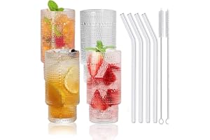 MEIMUCUL 310ml Bicchieri Vetro Coste, 4er Bicchieri Scanalati da Long Drink per, Bicchieri da Birra con Cannucce di Vetro,Adatto per frullati, cocktail, succhi di frutta, whisky, ecc.