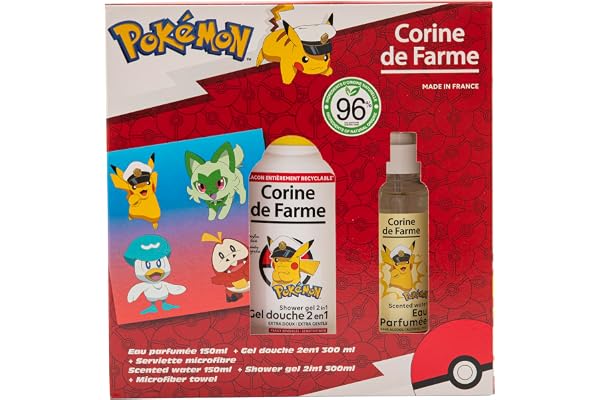 Corine de Farme Coffret Enfant Pokémon Eau Parfumée + Gel Douche 300ml | Coffret Parfum Femme - Florale Fruitée - Muguet, Violette, Cassis & Santal - EDT + Gel Douche