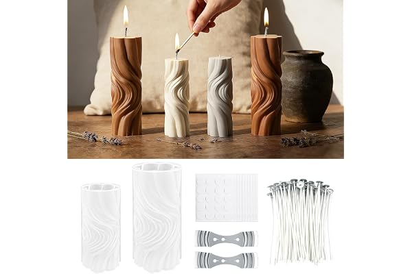 TZEKING 214PCS Moule Silicone Bougie Set,2 Moules à Bougie en Silicone+200 Mèches+2 Supports+10 Autocollants,Moule à Bougie Artisanale à La Main,3D Moule Bougie Silicone,pour la fabrication de bougies