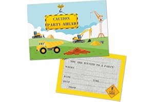 PARTIKRAFT (Pack of 12) Construction Vehicle Birthday Party Invitations with Bright Yellow Envelopes