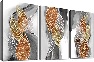 HALFLEMART 3 Pcs Inchiostro bianco grigio Stampa su tela con cornice Foglie Astratte Pittura Quadri su tela Quadri Moderni Poster da parete Casa Camera da letto Soggiorno Decorazioni 90x40cm(12"x16"x3pcs)