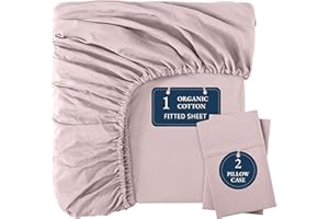 Lane Linen Fitted Sheet Double – 100% Organic Cotton, Bottom Sheet with 2 Pillowcases, Soft & Breathable, 35 cm Deep Pocket, All-Around Elastic - Sepia Rose