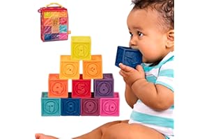 B. toys - One Two Squeeze Blocchi morbidi per bambini - Costruzioni educative dai 6 mesi con numeri, forme, animali e testure - 10 pezzi impilabili e colorati