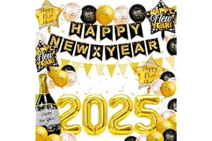 Gaeymy Decoracion Fin de Año 2025, Feliz Año Nuevo 2025, Decoracion Nochevieja 2025 set fiesta, Decoracion Nochevieja con globo negro dorado globo foil, accesorios para fiesta Nochevieja