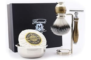 ‎HARYALI LONDON Klasyczny, 5-częściowy zestaw do golenia dla mężczyzn – złoty wygląd antyczny z maszynką do golenia DE z syntetycznym włosiem borsu; stojak ze stali nierdzewnej, miska i mydło