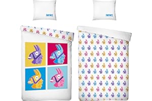 BERONAGE Fortnite Lama - Juego de cama reversible (135 x 200 cm + 80 x 80 cm, 100 % algodón, linón reforzado, calidad de batalla, Royale Lake Salty Springs, 2 diseños con cremallera)