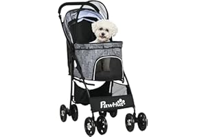 PawHut Carrito para Perros Plegable Cochecito para Mascotas Carrito para Perros Pequeños con Cesta Capota Ajustable Ventana de Malla y 2 Ruedas Universales Carga 15 kg 81x48x99 cm Gris
