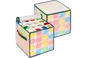 Enipate 2 Pack Christmas Bauble Storage Box Cube With Dividers, Foldable Clear Xmas Ornaments and Decorations Container, Stores up to 64 Baubles, 4 Layer Holder with Card Slot, Zipped Lid & 2 Handles