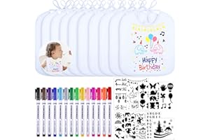 Qetlavee 10 Stück Lätzchen zum Bemalen Set,Personalisiert Baumwolle Lätzchen mit 14 Bunten Textilstiften & 10 Malen Schablonen,Baby Lätzchen aus Baumwolle Doppelseitig,Geschenk für Babyshower Party