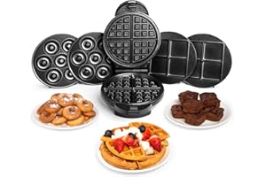 VonShef 3 in 1 Waffle Maker - Brownie & Doughnut Maker with Non-Stick Removable Plates, Cool Touch, Easy Clean - Makes Donuts & Brownies (Black, 800W)