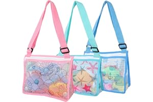 Gukasxi Adjustable Beach Toys Beach Mesh Bag, 3 Pcs Kids Beach Shell Collecting Bag with Zipper, Beach Sand Toy, Seashell Bag, for Pool Swim Beach Holding Shells (Blue)