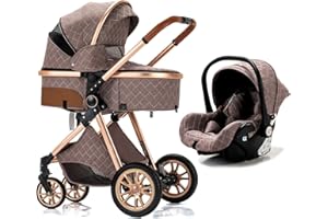 YAZOCO Carrito bebe 3 en 1 Plegable carro bebe 3 piezas compacto y reclinable silla de paseo, Accesorios de asiento, estante de vasos de agua, mosquitero (4 Caqui)