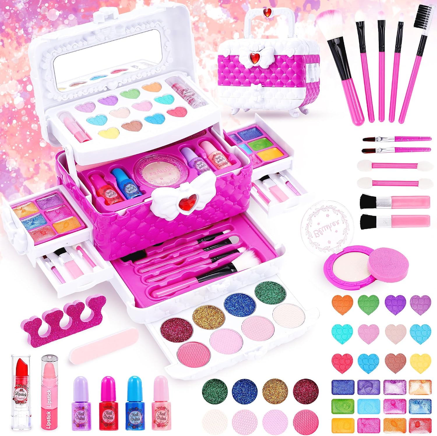 Set de maquillaje para niños de 53 piezas, juego de maquillaje para niñas, set de maquillaje no tóxico y lavable, set de regalo de maquillaje, juego de rol para Navidad y Halloween, maletín de