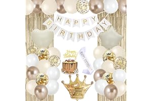 JOBKOO Geburtstagsdeko Beige, Deko Geburtstags Creme Weiß Gold Mädchen Junge, Luftballons Beige Gold Happy Birthday Banner Girlande Folienballons Lametta Vorhang für Frauen Mann Boho Geburtstag Party Deko