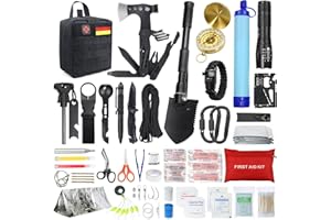 WAYINTOP Kit de supervivencia para camping/aventura con botiquín de primeros auxilios, 180 piezas, con filtro de agua, pajita, hacha de martillo multifuncional, regalo para hombre