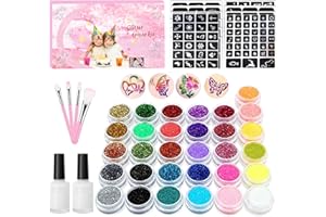 EEPLUYTY Zestaw brokatowych tatuaży dla dzieci, dziewczynek, tymczasowe tatuaże brokatowe, 31 brokatowych tatuaży, zestaw do makijażu dla dzieci, 6 szablonów z 243 wzorami, 2 butelki kleju, różowy pędzel +