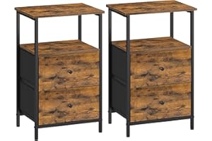 VASAGLE Juego de 2, Mesita de Noche, Mesa Auxiliar con 2 Cajones de Tela, Mesilla Alta de 61 cm con Estante de Almacenamiento, Salón, Dormitorio, Marrón Rústico, Negro Tinta y Negro Mate LGS225K01