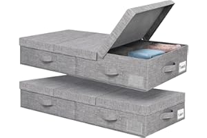 Lannvan Unterbettkommode mit Deckel, Unterbett Aufbewahrungsbox 15 cm Hoch, Unterbett Aufbewahrung Faltbarer mit Griffen und Etikettentaschen (80.5 x 41 x 15cm, 2 Stück), Grau