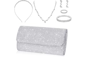 Jadive 6 Pcs Bridal Wedding Jewelry Set Glitter Silver Clutch Bag Shiny Sequins Evening Crossbody Bag and Rhinestone Bridal Set Includes Crystal Necklace Bracelet Ring Stud Earrings Rhinestone Tiara