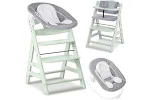 hauck Seggiolone Pappa Alpha Plus Newborn - Sediolone Pappa Bimbi con Sdraietta Neonati Dondolo e Cuscino - Seggiolone Evolutivo Legno - (Classic, Menta)
