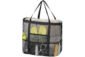VPB Mesh Beach Bags Lightweight Foldable Large Tote Bag Sand Free,8 Pockets Handheld Beach Mesh Bags Black Large Capacity Shoulder Beachs Bags for women Pool Vacation
