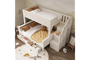 KEYIDE Letto a castello 90 x 200 + 140 x 200 cm per 2-3 bambini, letto a soppalco con scaletta e cassetti, letto in legno con rete a doghe, elegante design a slitta, protezione dalle cadute, letto