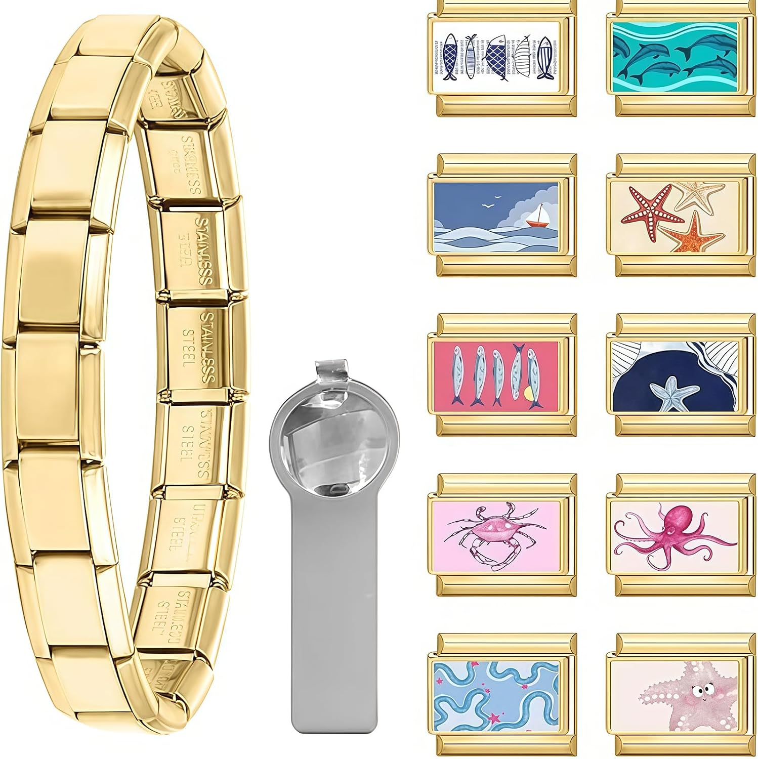 Vesavifaka Pulsera Italiana de Encantos Conjunto de Brazalete Dorado con 1 Pulsera Inicial, 10 Encantos Italianos Temáticos del Océano con Herramienta de Apertura, 9 mm Encantos Italianos Modulares,
