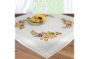 KAMACA Stickpackung Tischdecke Herbst Spannstich Set vorgedruckte Stickdecke inkl. Stickgarn Stickvorlage und Anleitung Stickset zum Selbersticken für Erwachsene (Blätter und Beeren MD 80x80 cm)