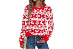 Litherday Sweter bożonarodzeniowy damski na Boże Narodzenie, sweter z dzianiny, okrągły dekolt, długi rękaw, renifery, płatki śniegu, miękki sweter, Boże Narodzenie, zima