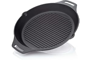 BBQ Nerd© Padella in ghisa per grigliare con fondo scanalato per un bel motivo grigliato | bistecchiera Ø 35 cm 4550 g con beccuccio e manico | padella antiaderente per il fuoco all'aperto