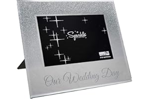 Maturi Silver Glitter Photo Frame, Mirrored 6 x 4 Inch, Our Wedding Day Gift
