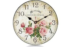 Lafocuse Cichy nietykający drewniany zegar ścienny z różowymi kwiatami róży, zasilany bateriami, vintage, shabby chic, rustykalny dom wiejski, zegary kuchenne, dekoracja ścienna, do salonu, sypialni,