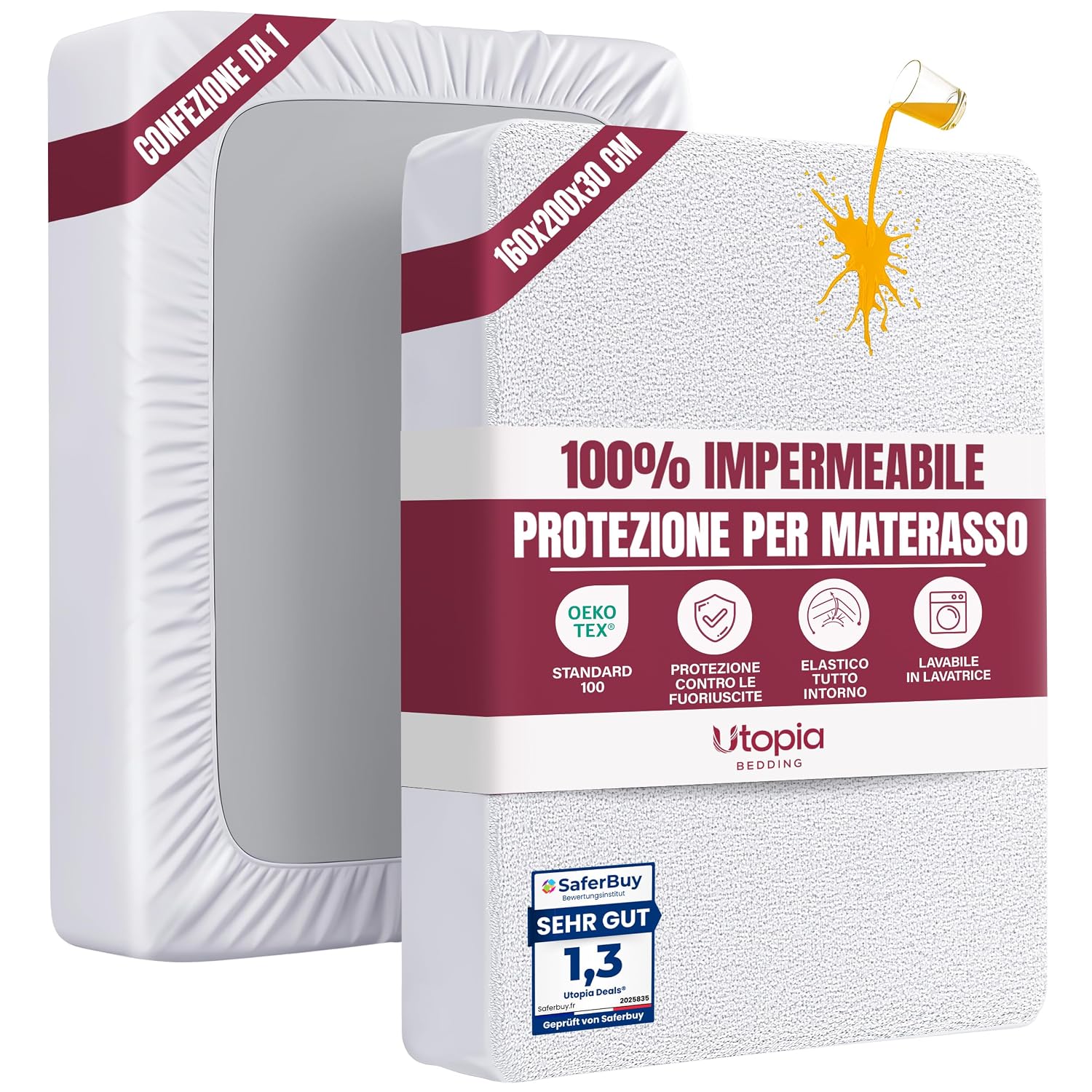 Utopia Bedding Coprimaterasso Matrimoniale Impermeabile 160 x 200 x 30 cm, Certificato OEKO-TEX, Proteggi Materasso, Traspirante, Lavabile, Stile Montato Tutto Intorno Elastico