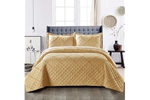 B&B Quilted Bedspread Throw Super King Size Warm Bed Blankets- 3 Piece Bed Spread Complete Bedding Set Super King Size 270x250 cm with 2 Pillow Cases, Mustard