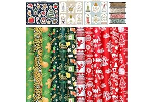 FullJoyHut Papel de Regalo Kraft Navidad con 12 Hojas Reciclable Papel de Regalo Navideño 70x50cm,12 Etiquetas Regalo,24 pegatinas,4 Rollo Hilo Yute Cuerda Algodon para Decoración Navideña