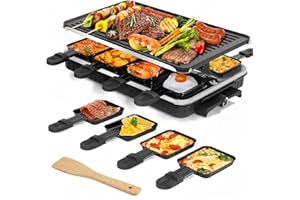LEUKOLES 2-in-1 Raclette Grill, Raclette 8 Personen, 1300W Elektrogrill mit 1 Umkehrbarer Antihaft Grillplatte & 8 Mini Käse Raclette Pfännchen & 1 Holzspatel, für Indoor Familienfeiern und BBQ