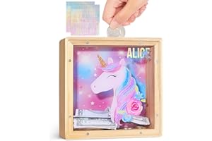 MHJY Salvadanaio per Bambini in Legno Salvadanaio A Forma Di Unicorno Con Adesivi Dell'alfabeto Fai Da Te