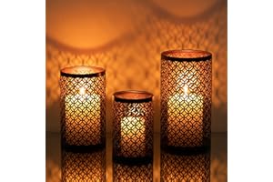 Romadedi Juego de 3 portavelas de metal para velas de huracán, bronce retro, boda, fiesta, hogar, mantel, mesa de comedor, centro de mesa, decoración interior y exterior, negro y dorado