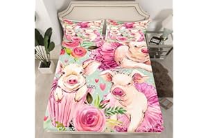 LOUSSIESD Floral Pig Bedding Sheets Cute Pig Bed Sheet Set for Kids Boys Girls Animal Bedding Fitted Sheet Botanical Floral Bed Sheet Set Double Size