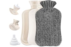 ilauke Termofor 2 litry z miękką polarową osłoną, szara wełna szenilowa zdejmowana i nadająca się do prania (1 Termofor i 1 miękkie pokrowcem