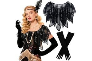 LaVenty 1920s Shawl Wraps Long Silk Gloves Sequin Beaded Evening Cape,Gloves For Gatsby 1920s Party