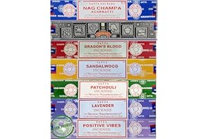Satya Incense Sticks Gift Set, 7 Fragrances - Nag Champa, Super Hit, Dragon's Blood, Sandalwood, Patchouli, Lavender, Positive Vibes, by JMW.