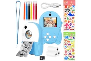 JIRMERP Cámara de niños instantánea,Cámara instantánea niños HD de 2,4 pulgadas con rollos de papel de impresión Pinceles y pegatinas fotográficas Cámara Niños Regalo