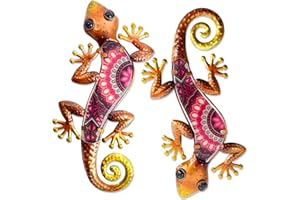 HONGLAND Metal Outdoor Wall Decor 2Pcs Gecko Wall Decoration Lizard Metal Hanging Wall Art Glass Sculpture for Garden Yard Patio Fence (Red)