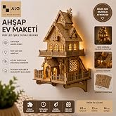 AlgWoodDesign Ahşap Ev Maketi Duvar Dekoru 90 Par&ccedil;a &ndash; Peri LED Işıklı DIY Duvara Asılabilir Ev Modeli