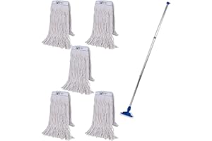 Abbey Heavy Duty Professional Kentucky Mop Handle and Holder With 5 Heads (450g) - Industrial Color-Coded Mop to Avoid Cross Contamination - Commercial Cleaning Tool for Hard Floors, Blue